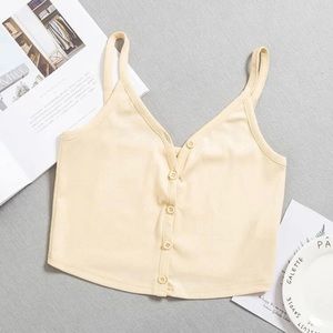 Button front solid crop cami top in beige